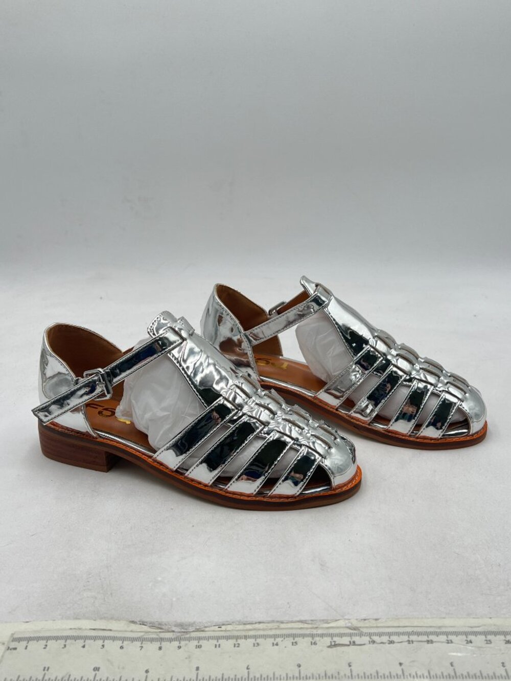 FSJ Silver Closed Toe Low Block Heel Woven Roman Ankle Strap Hollow Cage Sandals - Picture 4 of 8